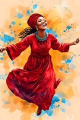 Fototapeta premium Vibrant watercolor artwork of an African woman in red traditional attire dancing with a joyous expression.