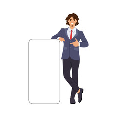 Young man showing a blank phone screen and pointing finger. Flat vector illustration isolated on white background