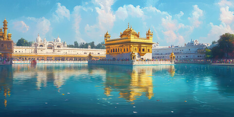 Naklejka premium Golden Temple Reflected in the Clear Waters of Amritsar's Holy Tank