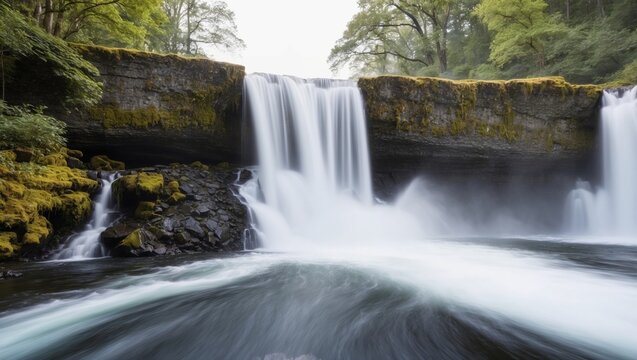 Powerful waterfall cascading from a stone platform.