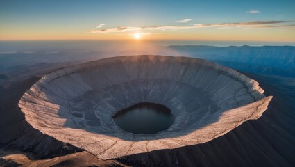 Aerial view of Earth's surface with a large crater illuminated by sunlight during dawn.