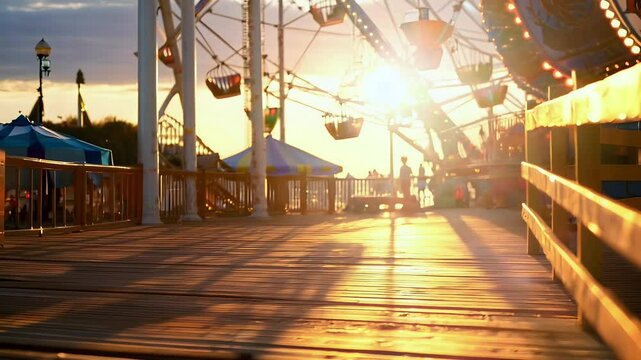 Golden sunlight illuminates a vibrant amusement park at sunset with a thrilling atmosphere of excitement and joy in the air