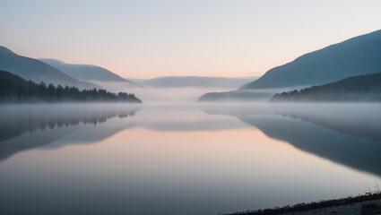 Fototapeta premium Misty fjord reflections at dawn in a serene landscape.