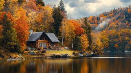 Fototapeta premium Secluded Autumn Cabin Retreat in the Mountains
