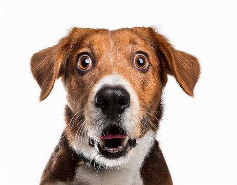 Retrato de perro con expresion de sorpresa sobre fondo blanco