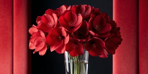 Obraz premium Red Flower Bouquet in a Vase on a Red Background.