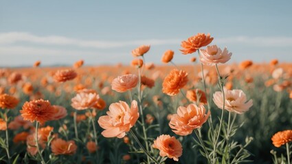 Obraz premium An orange flower field bathed in sunlight during midday.