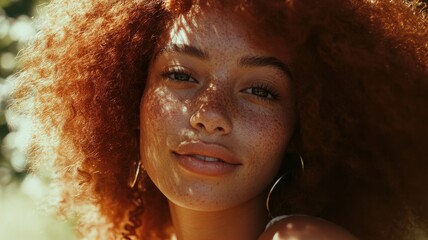 A woman with red hair and freckles is smiling at the camera