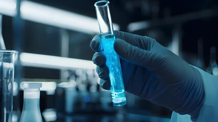 A scientist holds a test tube filled with bright blue liquid in a modern laboratory setting surrounded by glassware and dim lighting