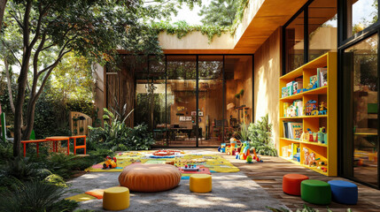 A vibrant outdoor learning space for children featuring colorful toys and play areas in a natural garden setting