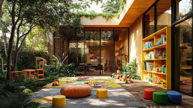 A vibrant outdoor learning space for children featuring colorful toys and play areas in a natural garden setting