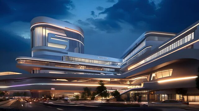 A modern architectural marvel glows in the twilight, showcasing sleek lines and innovative design elements under dramatic clouds