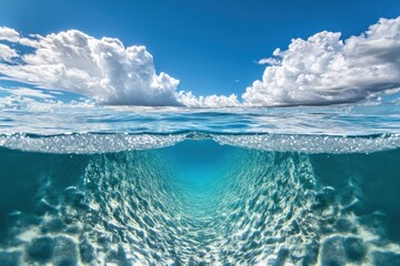 Close-up view of the crystal-clear turquoise ocean sea, with sunlight creating patterns on the water’s surface, reflecting the serenity and purity of tropical seas under a bright, cloud-filled sky.