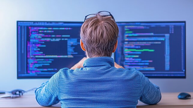 Person coding on dual monitors with colorful programming code on screen, focused work environment.