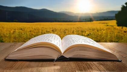 Book with Braille text on wooden table, closeup. Education and leisure for blind people