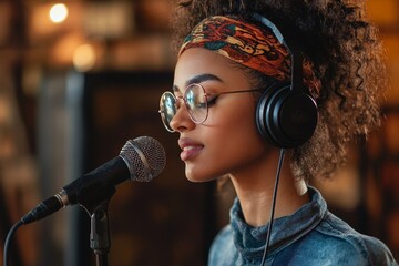 Podcaster recording her podcast from home, Generative AI