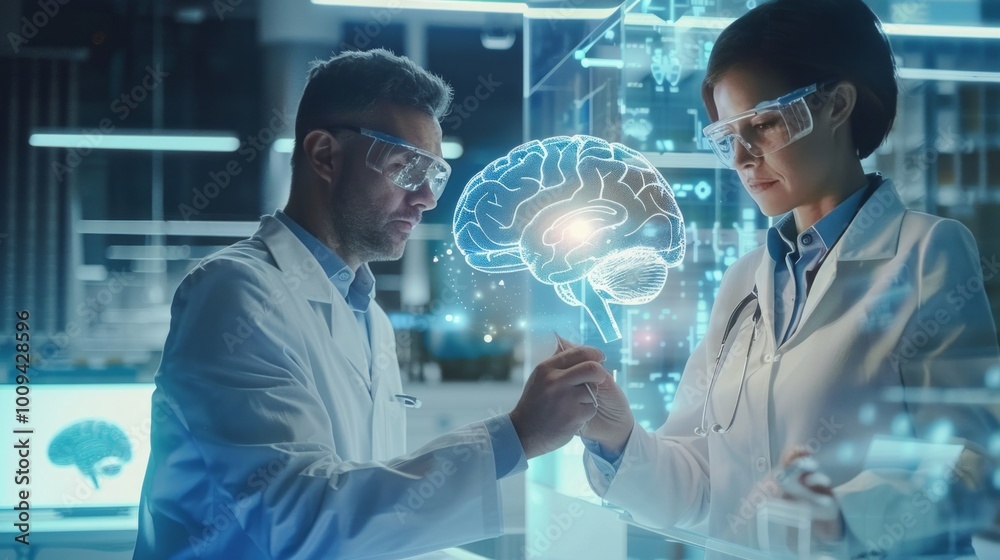 Aufkleber a man and a woman are working on a computer screen with a brain image