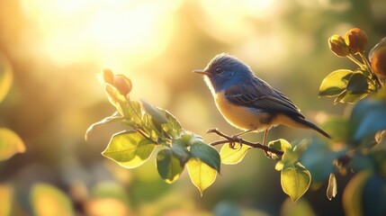 Obraz premium A bird perched on a branch, singing in the early morning sunlight