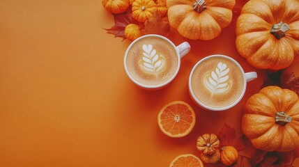 top view of vibrant orange pumpkins alongside pumpkin spice lattes perfectly arranged on an orange background capturing the essence of autumn with inviting warmth and seasonal cheer