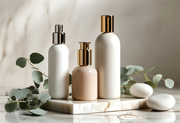 minimalist image of luxury skincare products arranged on a marble countertop. 