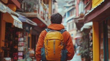 A traveler exploring a vibrant city, walking through narrow streets lined with colorful buildings and local shops