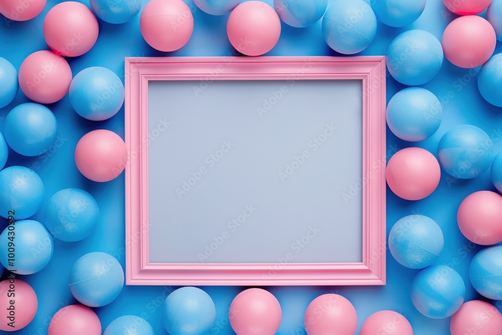 Poster blue balls background with pink frame and white screen for text, top view. the design is minimalisti
