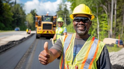 Smiling Black male construction worker giving a thumbs up on a sunny day.