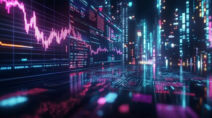 Obraz premium Digital Data Cityscape Neon Lights, Stock Market Chart, 3D Render, Cyberpunk, Data Visualization, Stock Market