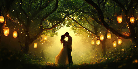 Fototapeta premium A couple sharing an intimate moment beneath a canopy of trees, the soft glow of lanterns illuminating their faces.