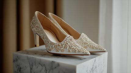 Obraz premium Elegant White Bridal Heels with Gold Embroidery, Wedding Shoes, Bridal Style, Wedding Accessories, Bride