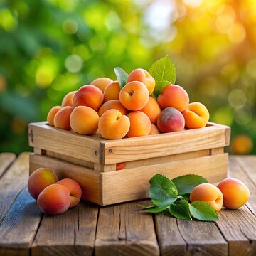 Fresh aprikot fruits in a wooden box on a simple wooden table in a farm plantation garden background