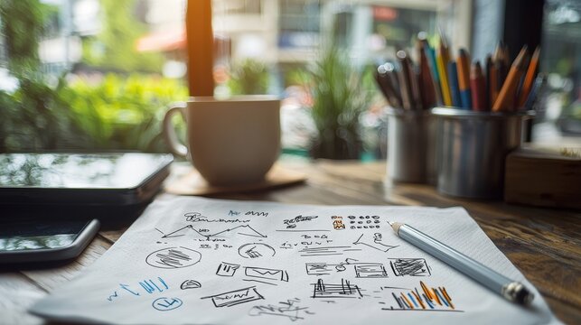 Hand-Drawn Sketches on Napkin, Coffee Cup, Pen, Brainstorm, napkin sketch, business concept, coffee break