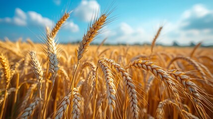 Fototapeta premium Golden wheat field under a blue sky with white clouds.