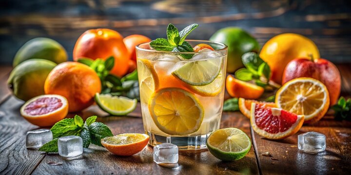 Refreshing Potation in a Glass with Citrus Fruits and Ice, Perfect for Summer Enjoyment and Relaxation