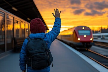 A person standing at a train station, waving goodbye to a departing train as the sun sets, capturing the bittersweet emotions of farewell and separation