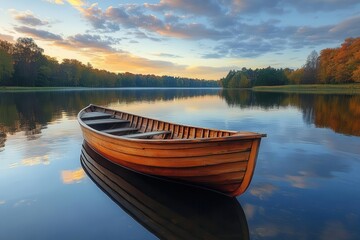 Fototapeta premium a wooden rowing boat gently floats on a tranquil lake reflecting the surrounding trees and sky creating a serene and picturesque scene perfect for relaxation and contemplation