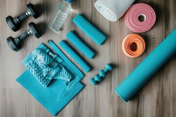 Naklejka premium A flat lay of workout equipment, including dumbbells, mats, and water bottle for exercise.