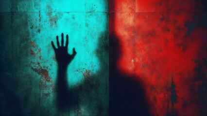 Shadowy silhouette pressing hand against a red and turquoise wall. horror, suspense, and mystery themes, Halloween, thriller and psychological concepts of isolation and emotional struggle