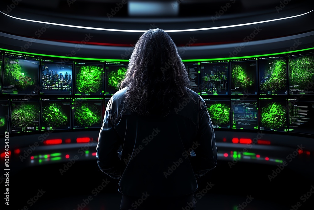 Poster A person standing in front of a digital wall filled with failed project reports, with futuristic screens and advanced technology displaying their past mistakes
