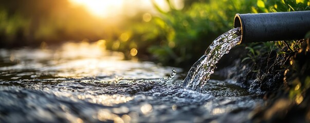 A stream of wastewater from a pipe contaminating a river, emphasizing the consequences of industrial activities on aquatic ecosystems
