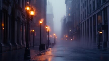 Fototapeta premium A foggy urban street illuminated by vintage lamps creates a mysterious atmosphere.
