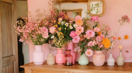 Fototapeta premium Bright floral arrangement on wooden cabinet for spring home decor inspiration