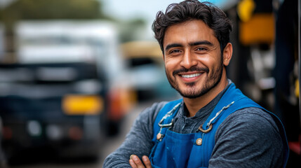 Obraz premium Smiling mechanic poses confidently at a busy workshop, showcasing tools and equipment during daylight hours