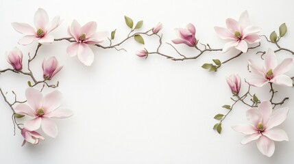 Pink magnolia flowers arranged in a frame on a white background.