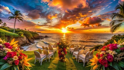 Fototapeta premium Romantic Hawaiian Wedding Setting with Lush Tropical Flowers and Scenic Ocean Backdrop at Sunset