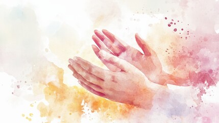 A whimsical watercolor-style illustration of clapping hands, with soft colors blending together and light brushstrokes, evoking a gentle and warm feeling of appreciation