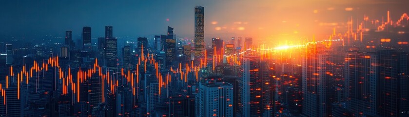 Fototapeta premium A stunning skyline at sunset with vibrant market graphs representing growth and innovation in the finance sector.