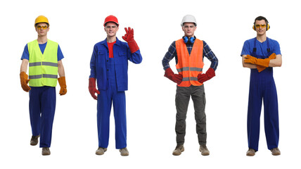 Obraz premium Man in different workwear on white background, collage or photos