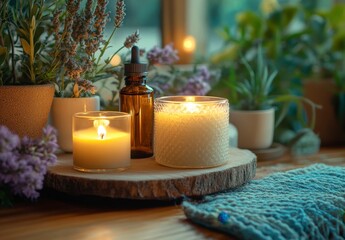 Relaxing Spa Setting with Candles and Essential Oil