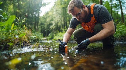 Researcher performing water quality testing in a swamp using advanced scientific tools.